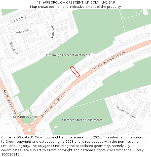 43, YARBOROUGH CRESCENT, LINCOLN, LN1 3NF: Location map and indicative extent of plot