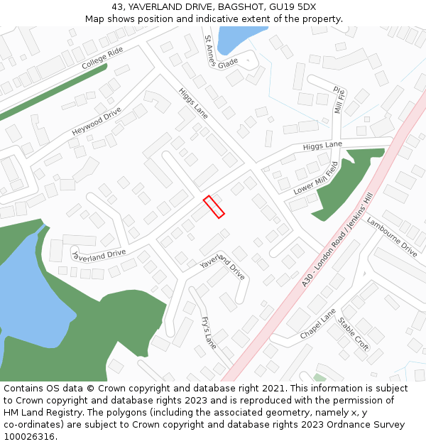 43, YAVERLAND DRIVE, BAGSHOT, GU19 5DX: Location map and indicative extent of plot