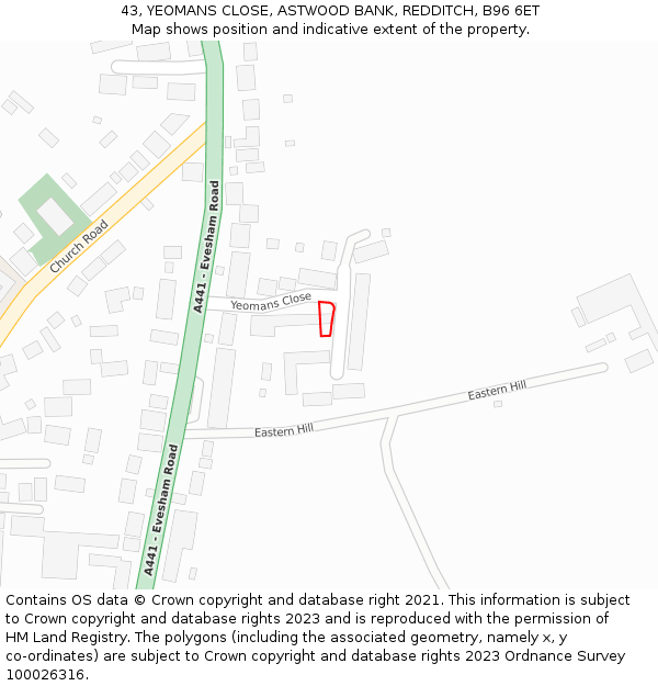 43, YEOMANS CLOSE, ASTWOOD BANK, REDDITCH, B96 6ET: Location map and indicative extent of plot