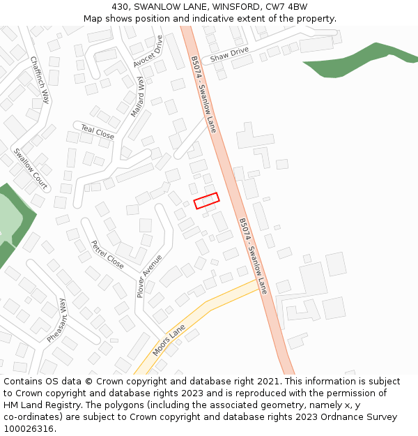 430, SWANLOW LANE, WINSFORD, CW7 4BW: Location map and indicative extent of plot