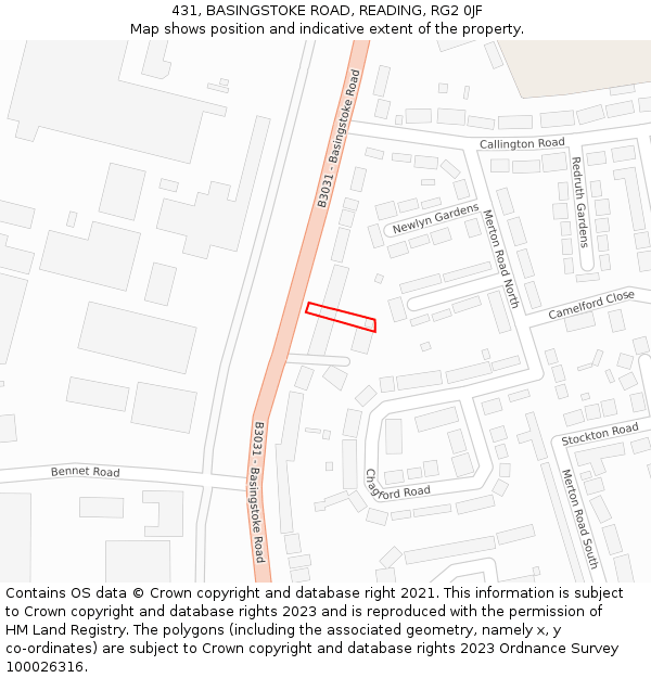 431, BASINGSTOKE ROAD, READING, RG2 0JF: Location map and indicative extent of plot