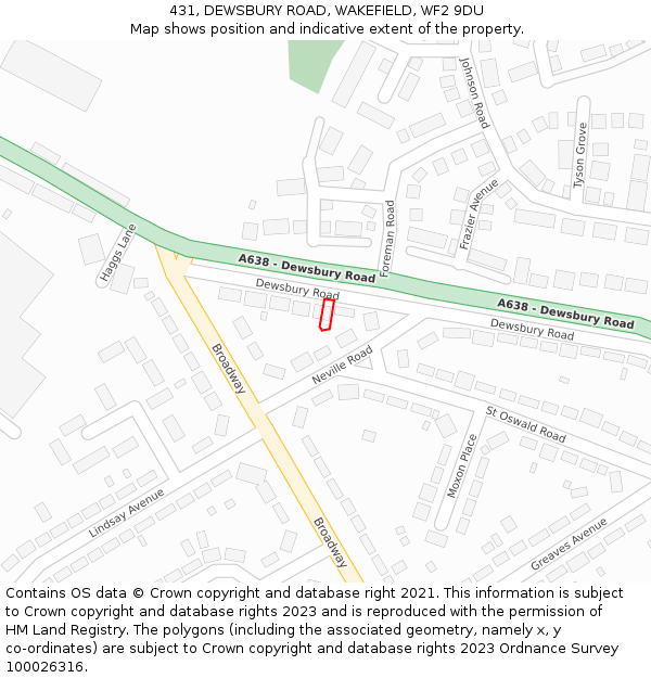 431, DEWSBURY ROAD, WAKEFIELD, WF2 9DU: Location map and indicative extent of plot