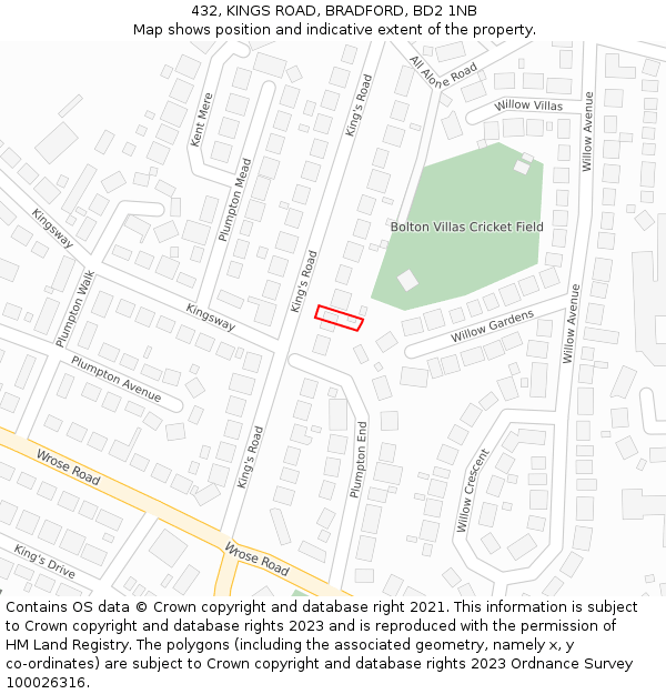 432, KINGS ROAD, BRADFORD, BD2 1NB: Location map and indicative extent of plot