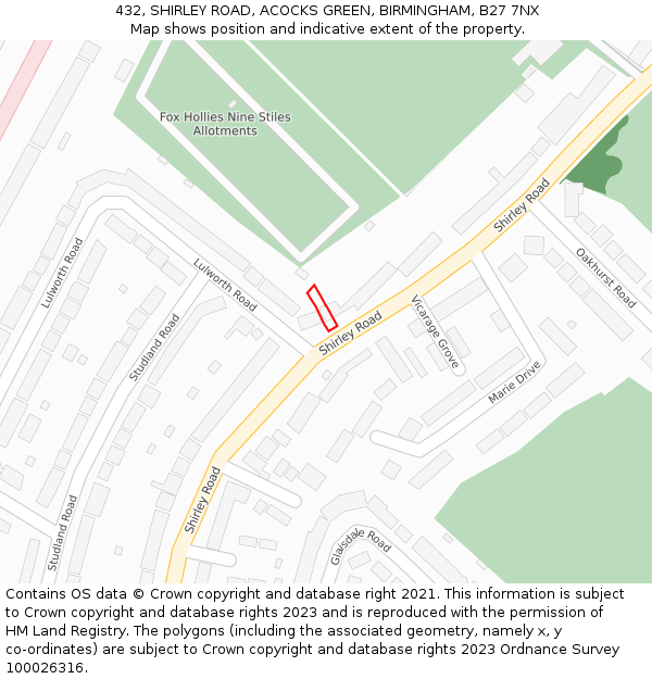 432, SHIRLEY ROAD, ACOCKS GREEN, BIRMINGHAM, B27 7NX: Location map and indicative extent of plot