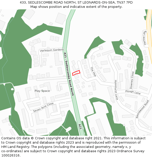 433, SEDLESCOMBE ROAD NORTH, ST LEONARDS-ON-SEA, TN37 7PD: Location map and indicative extent of plot