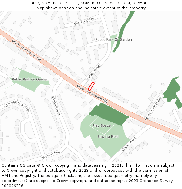 433, SOMERCOTES HILL, SOMERCOTES, ALFRETON, DE55 4TE: Location map and indicative extent of plot