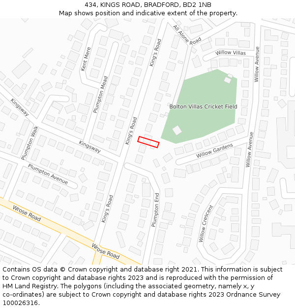 434, KINGS ROAD, BRADFORD, BD2 1NB: Location map and indicative extent of plot