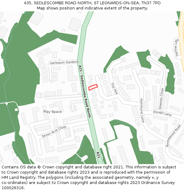 435, SEDLESCOMBE ROAD NORTH, ST LEONARDS-ON-SEA, TN37 7PD: Location map and indicative extent of plot