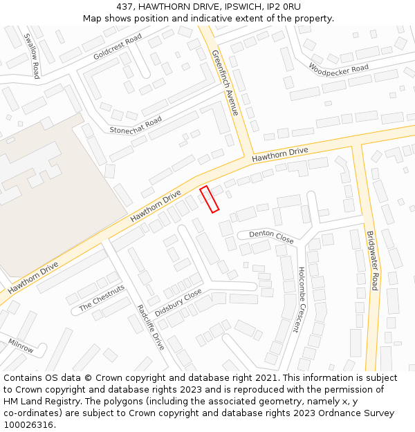 437, HAWTHORN DRIVE, IPSWICH, IP2 0RU: Location map and indicative extent of plot