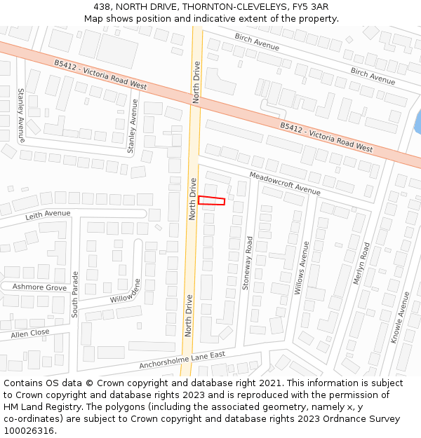 438, NORTH DRIVE, THORNTON-CLEVELEYS, FY5 3AR: Location map and indicative extent of plot