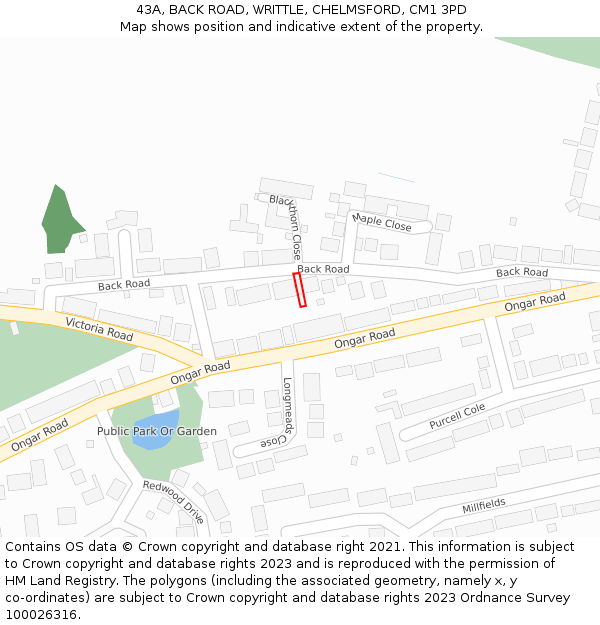 43A, BACK ROAD, WRITTLE, CHELMSFORD, CM1 3PD: Location map and indicative extent of plot