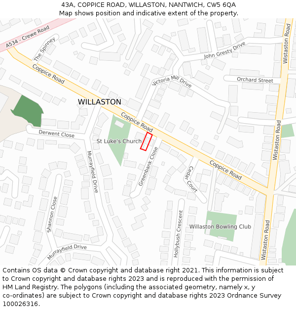 43A, COPPICE ROAD, WILLASTON, NANTWICH, CW5 6QA: Location map and indicative extent of plot