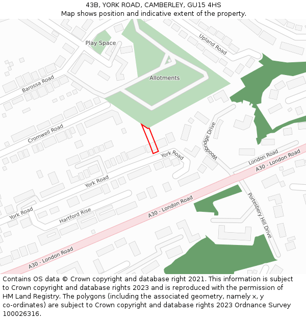 43B, YORK ROAD, CAMBERLEY, GU15 4HS: Location map and indicative extent of plot