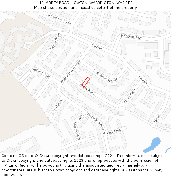 44, ABBEY ROAD, LOWTON, WARRINGTON, WA3 1EP: Location map and indicative extent of plot