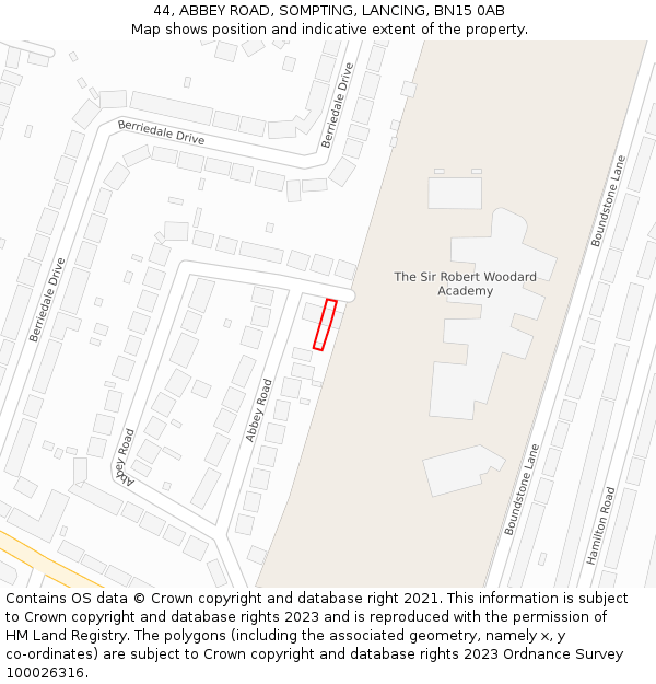 44, ABBEY ROAD, SOMPTING, LANCING, BN15 0AB: Location map and indicative extent of plot