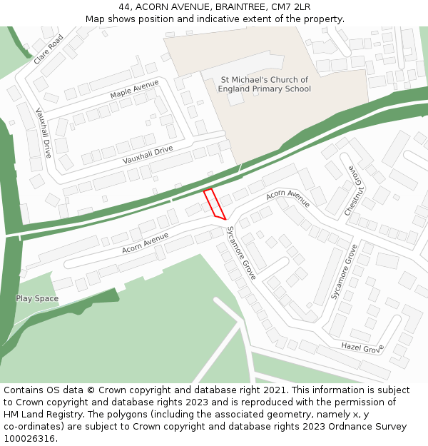 44, ACORN AVENUE, BRAINTREE, CM7 2LR: Location map and indicative extent of plot