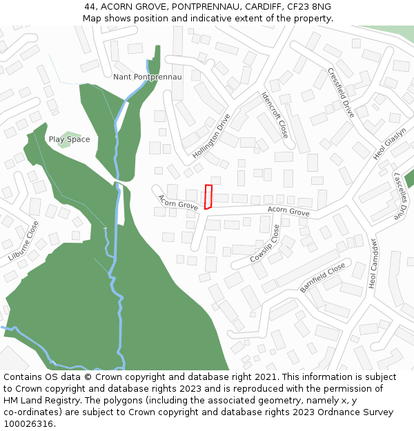 44, ACORN GROVE, PONTPRENNAU, CARDIFF, CF23 8NG: Location map and indicative extent of plot