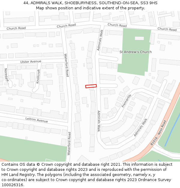 44, ADMIRALS WALK, SHOEBURYNESS, SOUTHEND-ON-SEA, SS3 9HS: Location map and indicative extent of plot