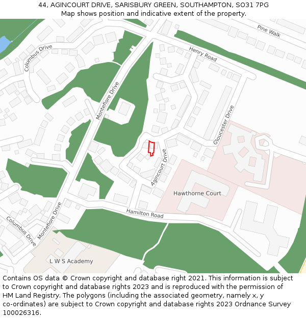 44, AGINCOURT DRIVE, SARISBURY GREEN, SOUTHAMPTON, SO31 7PG: Location map and indicative extent of plot