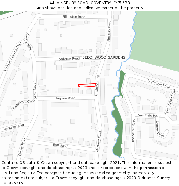 44, AINSBURY ROAD, COVENTRY, CV5 6BB: Location map and indicative extent of plot