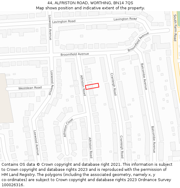 44, ALFRISTON ROAD, WORTHING, BN14 7QS: Location map and indicative extent of plot