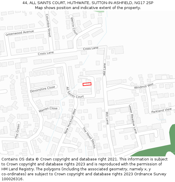 44, ALL SAINTS COURT, HUTHWAITE, SUTTON-IN-ASHFIELD, NG17 2SP: Location map and indicative extent of plot