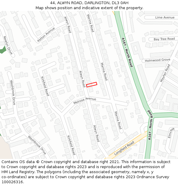 44, ALWYN ROAD, DARLINGTON, DL3 0AH: Location map and indicative extent of plot