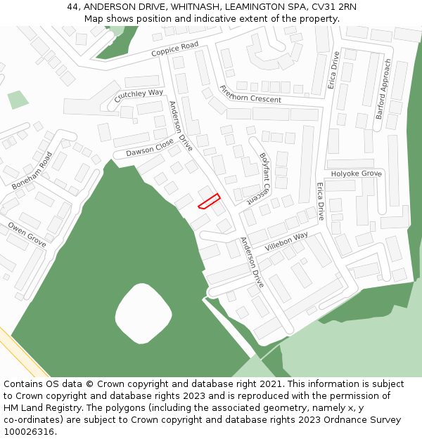 44, ANDERSON DRIVE, WHITNASH, LEAMINGTON SPA, CV31 2RN: Location map and indicative extent of plot