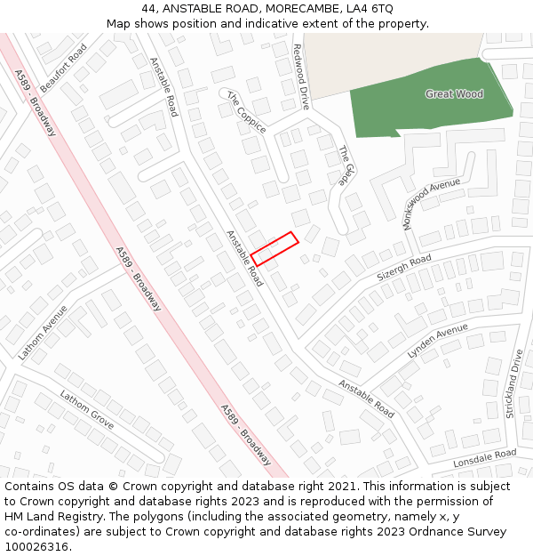 44, ANSTABLE ROAD, MORECAMBE, LA4 6TQ: Location map and indicative extent of plot