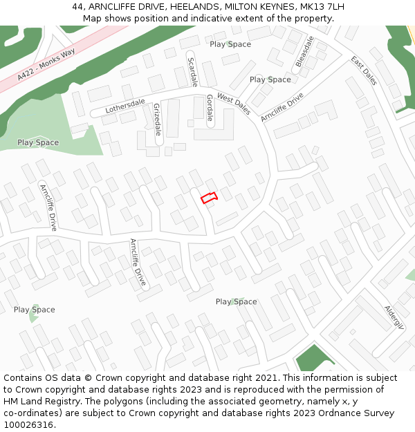 44, ARNCLIFFE DRIVE, HEELANDS, MILTON KEYNES, MK13 7LH: Location map and indicative extent of plot