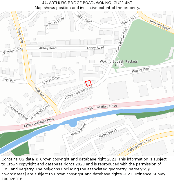 44, ARTHURS BRIDGE ROAD, WOKING, GU21 4NT: Location map and indicative extent of plot