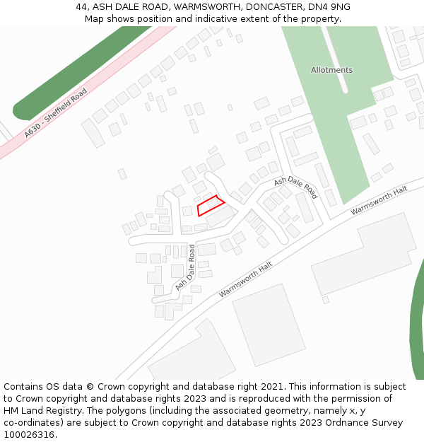 44, ASH DALE ROAD, WARMSWORTH, DONCASTER, DN4 9NG: Location map and indicative extent of plot