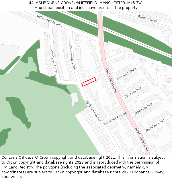 44, ASHBOURNE GROVE, WHITEFIELD, MANCHESTER, M45 7WL: Location map and indicative extent of plot