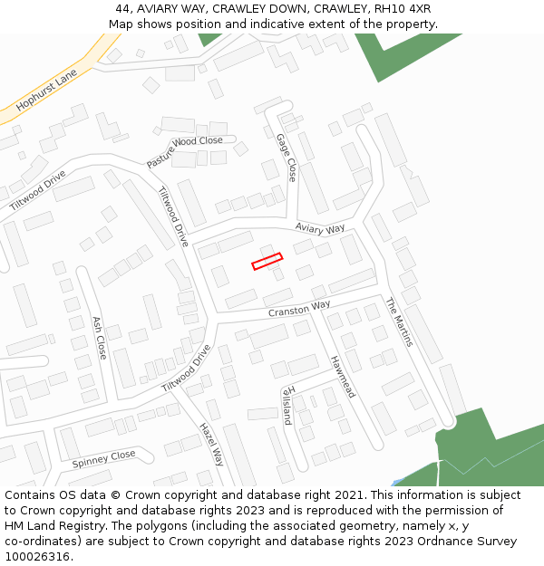 44, AVIARY WAY, CRAWLEY DOWN, CRAWLEY, RH10 4XR: Location map and indicative extent of plot