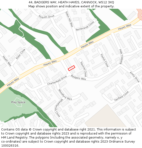 44, BADGERS WAY, HEATH HAYES, CANNOCK, WS12 3XQ: Location map and indicative extent of plot