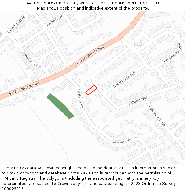 44, BALLARDS CRESCENT, WEST YELLAND, BARNSTAPLE, EX31 3EU: Location map and indicative extent of plot