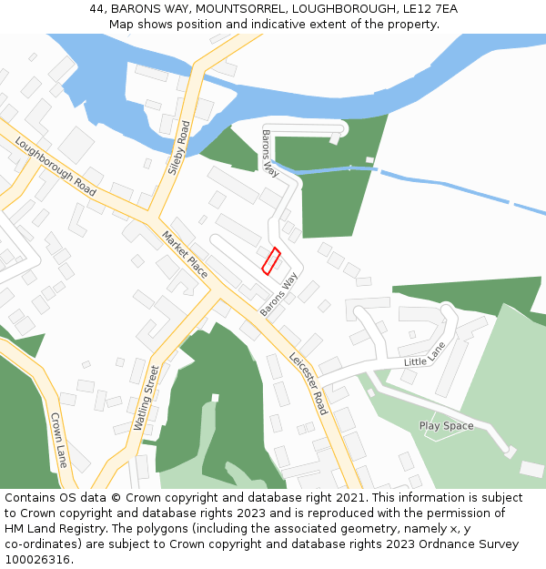 44, BARONS WAY, MOUNTSORREL, LOUGHBOROUGH, LE12 7EA: Location map and indicative extent of plot