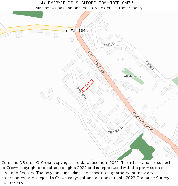 44, BARRYFIELDS, SHALFORD, BRAINTREE, CM7 5HJ: Location map and indicative extent of plot