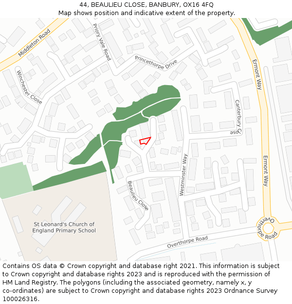 44, BEAULIEU CLOSE, BANBURY, OX16 4FQ: Location map and indicative extent of plot