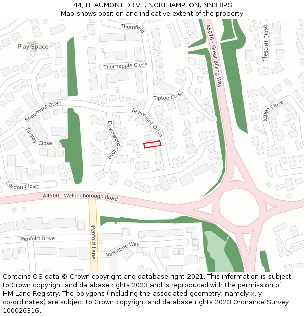 44, BEAUMONT DRIVE, NORTHAMPTON, NN3 8PS: Location map and indicative extent of plot