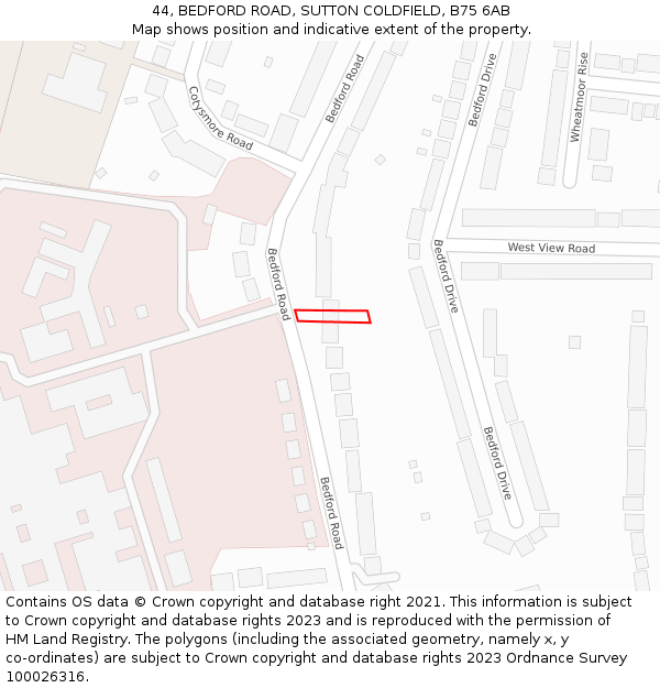 44, BEDFORD ROAD, SUTTON COLDFIELD, B75 6AB: Location map and indicative extent of plot