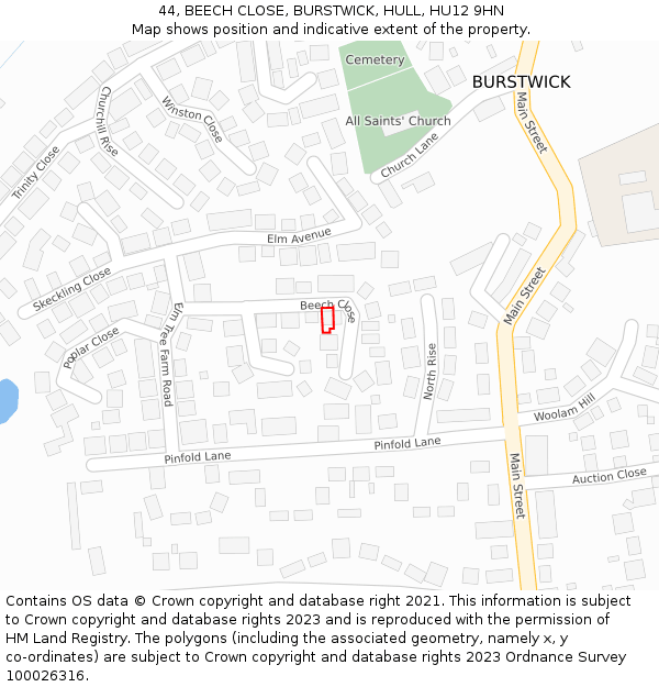 44, BEECH CLOSE, BURSTWICK, HULL, HU12 9HN: Location map and indicative extent of plot