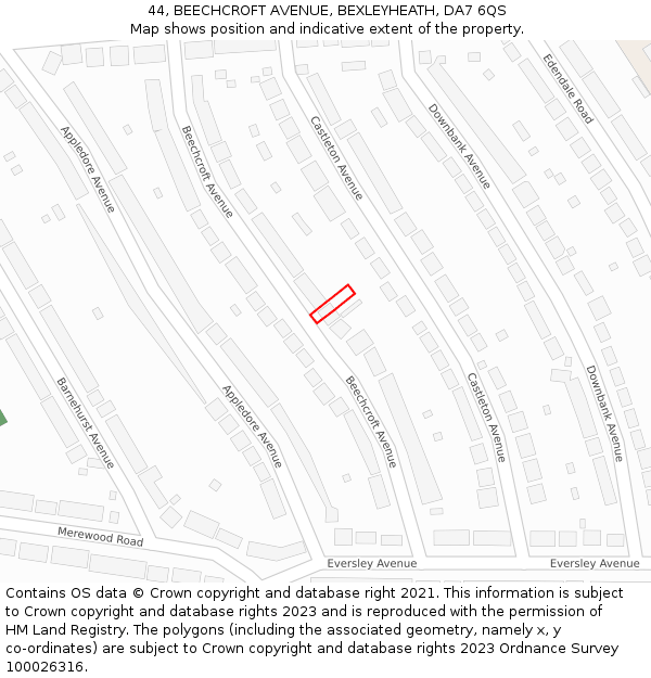 44, BEECHCROFT AVENUE, BEXLEYHEATH, DA7 6QS: Location map and indicative extent of plot