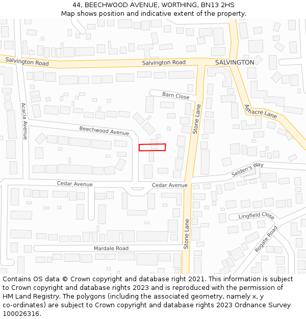 44, BEECHWOOD AVENUE, WORTHING, BN13 2HS: Location map and indicative extent of plot