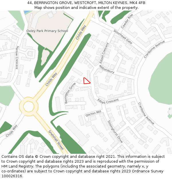 44, BERRINGTON GROVE, WESTCROFT, MILTON KEYNES, MK4 4FB: Location map and indicative extent of plot