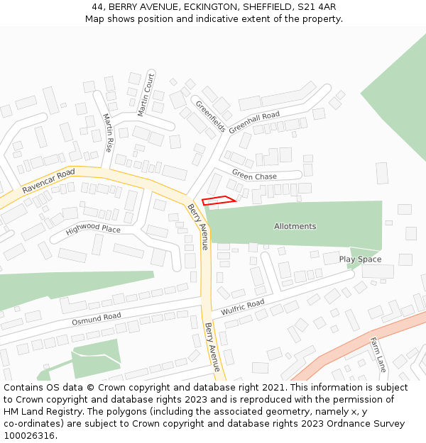 44, BERRY AVENUE, ECKINGTON, SHEFFIELD, S21 4AR: Location map and indicative extent of plot