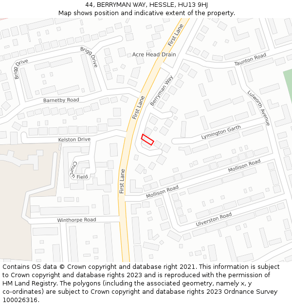 44, BERRYMAN WAY, HESSLE, HU13 9HJ: Location map and indicative extent of plot