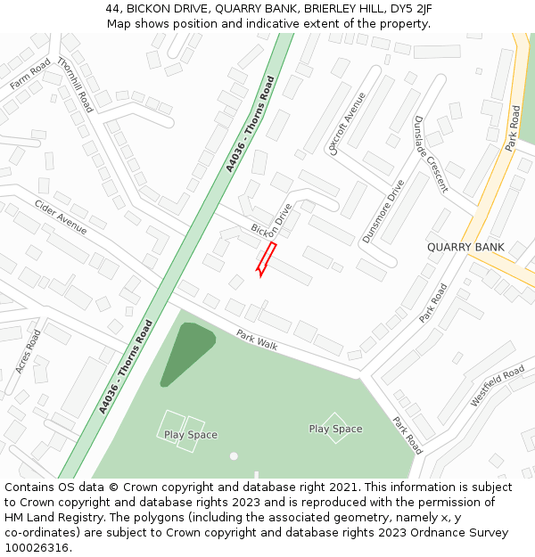 44, BICKON DRIVE, QUARRY BANK, BRIERLEY HILL, DY5 2JF: Location map and indicative extent of plot