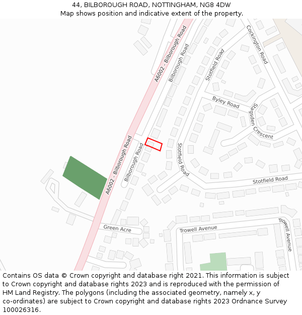 44, BILBOROUGH ROAD, NOTTINGHAM, NG8 4DW: Location map and indicative extent of plot