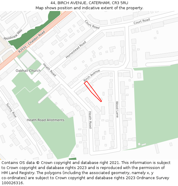 44, BIRCH AVENUE, CATERHAM, CR3 5RU: Location map and indicative extent of plot